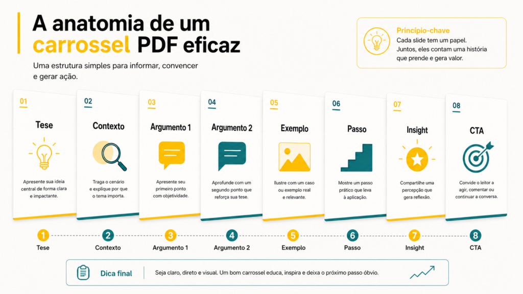 Infográfico ensinando a anatomia de um carrossel PDF para LinkedIn eficaz
