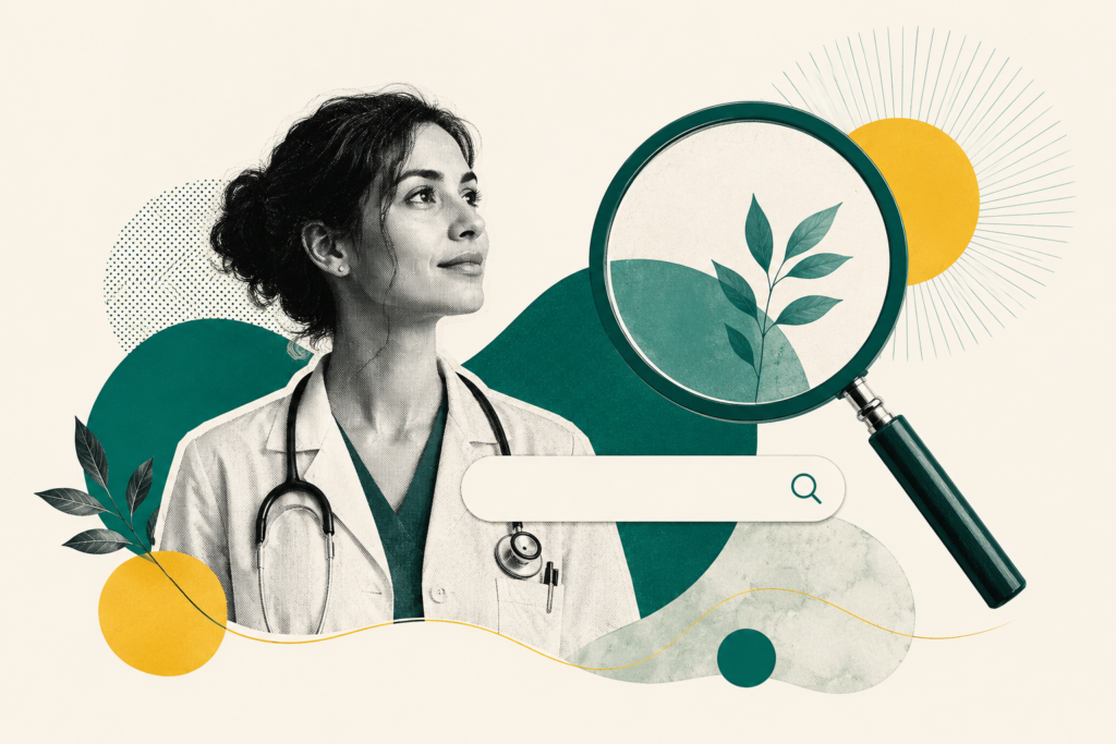 Ilustração editorial de uma médica ao lado de uma lupa, representando presença digital para médicas e a busca por especialistas online