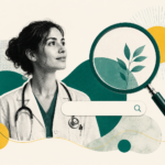 Ilustração editorial de uma médica ao lado de uma lupa, representando presença digital para médicas e a busca por especialistas online