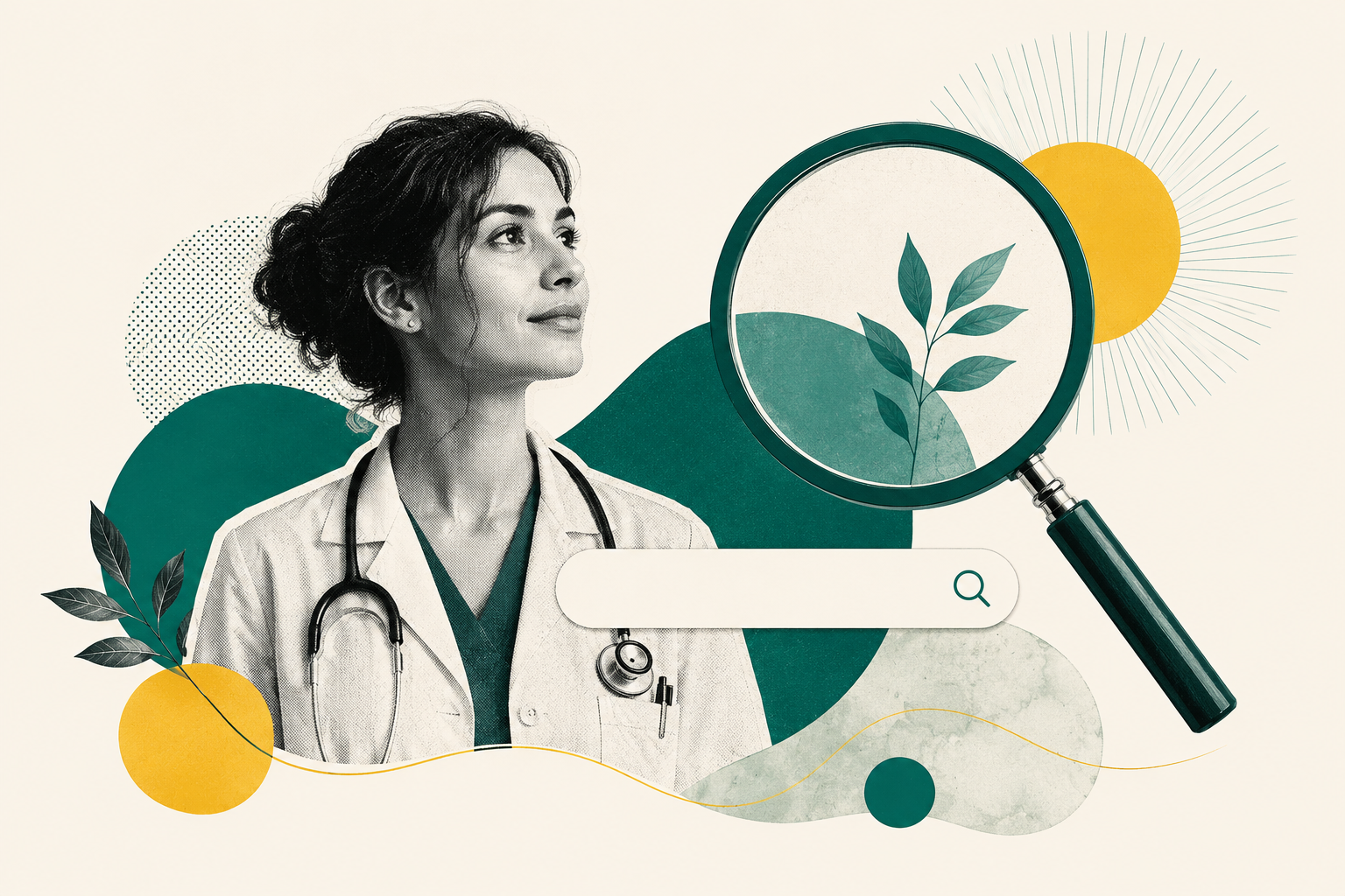 Ilustração editorial de uma médica ao lado de uma lupa, representando presença digital para médicas e a busca por especialistas online