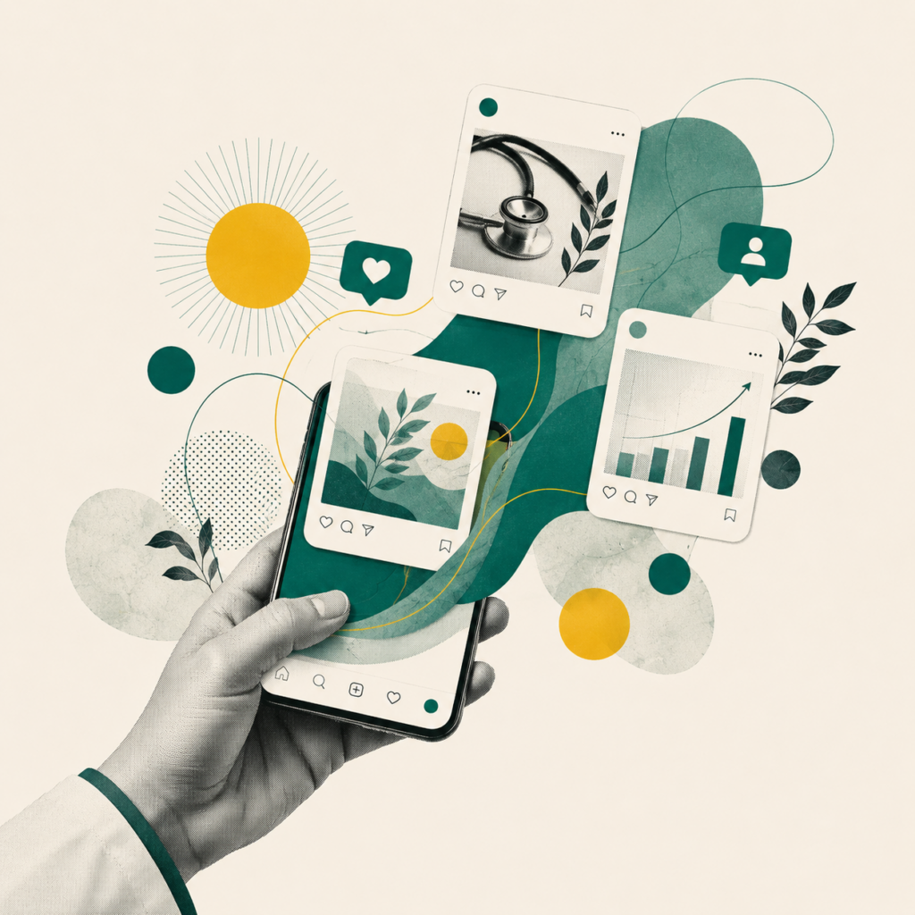 Mão segurando um celular com cards de conteúdo saindo da tela, ilustrando o Instagram para médicas