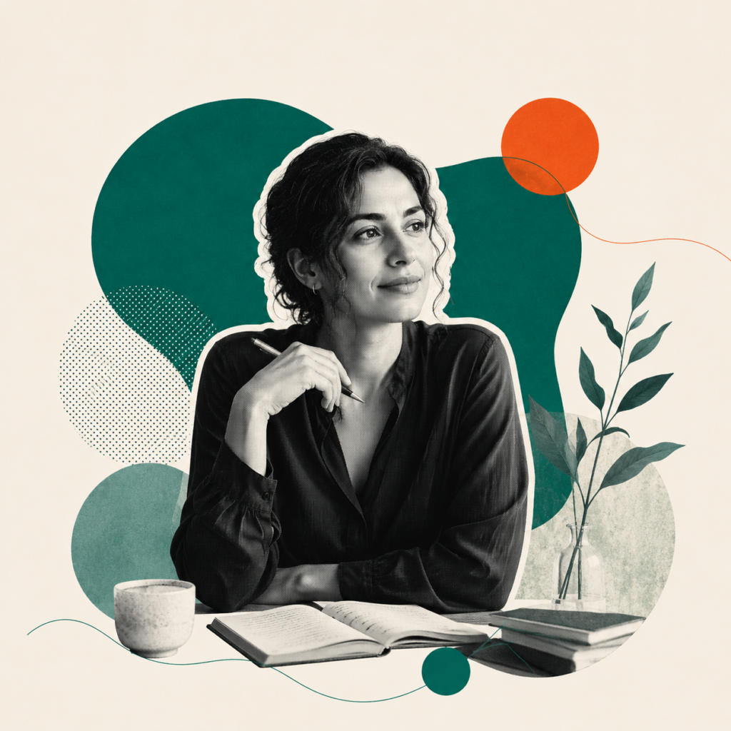 Retrato editorial em preto e branco de uma médica na sua mesa, representando autoridade e presença digital
